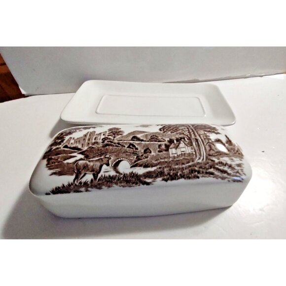 Studio J. & G. Meakin Ironstone Lidded Butter Dish, Brown Rural England Scene - Picture 5 of 12
